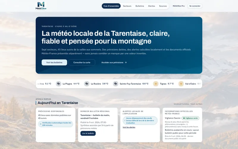 Capture d'écran de la plateforme Météolive — prévisions, bulletins et alertes météo locales en Tarentaise