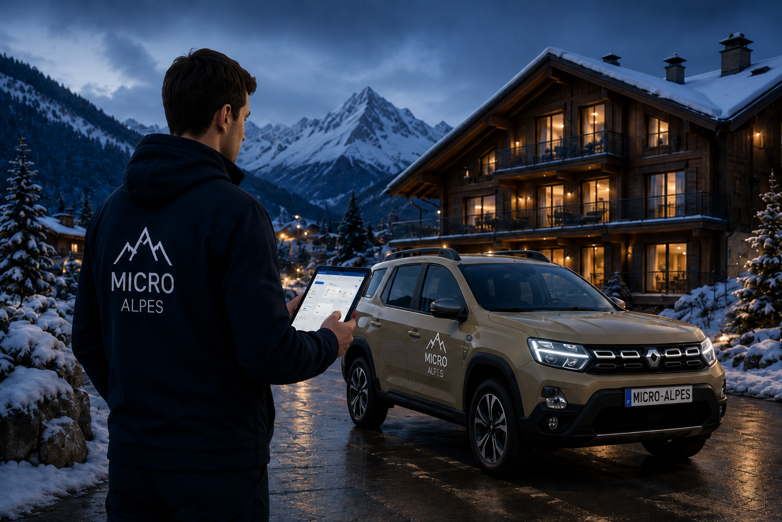 Technicien Micro Alpes en intervention en Tarentaise, tablette à la main devant un chalet de montagne